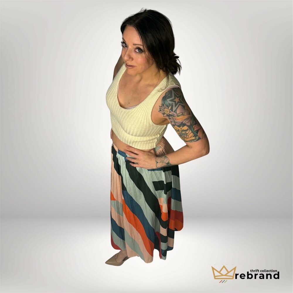Abstract Stripe Midi Skirt | Elastic Waist | Statement Print